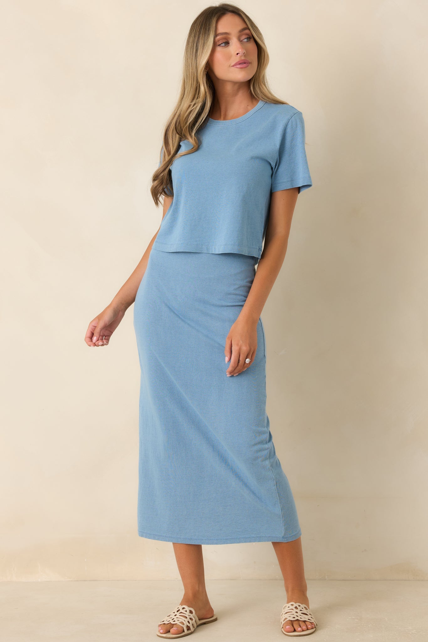 Z Supply Gail Washed Indigo Cotton Jersey Denim Midi Skirt