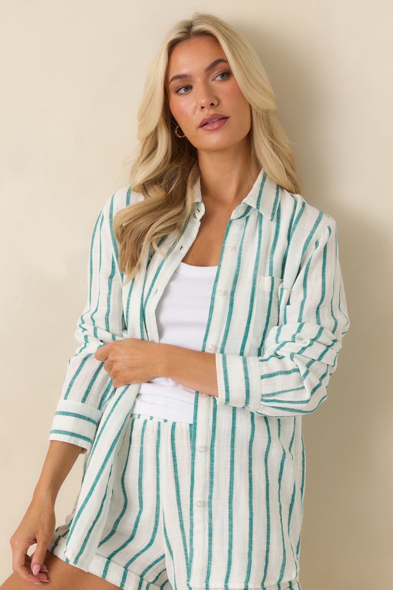 Z Supply Saturdays Rainforest Green Stripe Cotton Gauze Shirt