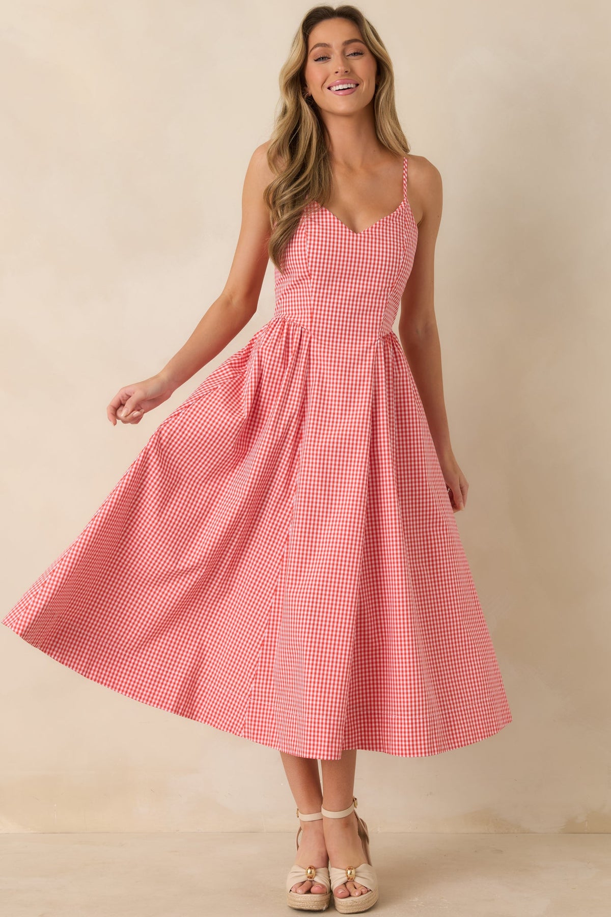 Weekend on the Coast Poppy Red Gingham Sleeveless Midi Dress