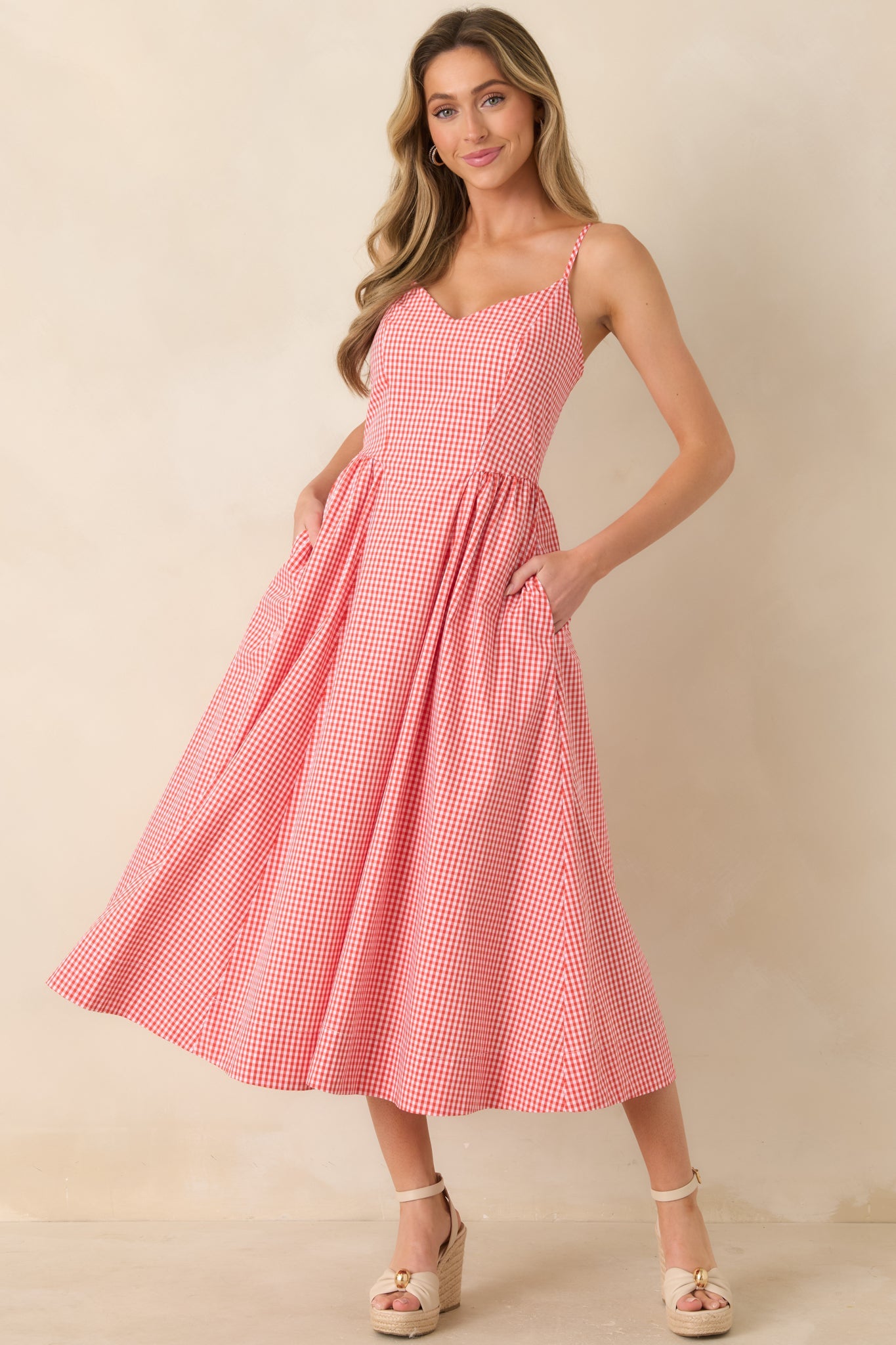 Weekend on the Coast Poppy Red Gingham Sleeveless Midi Dress