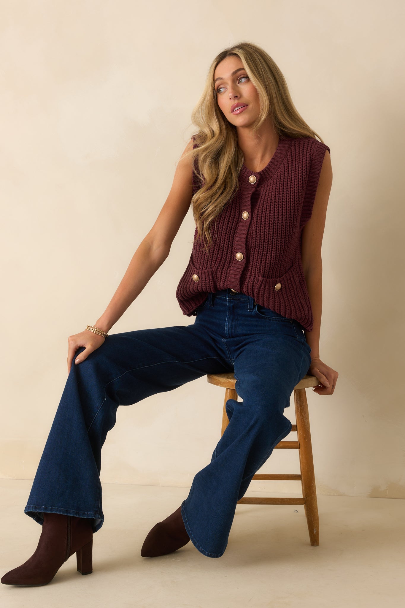 What You Came For Wine Red Ribbed Knit Button Up Sweater Vest