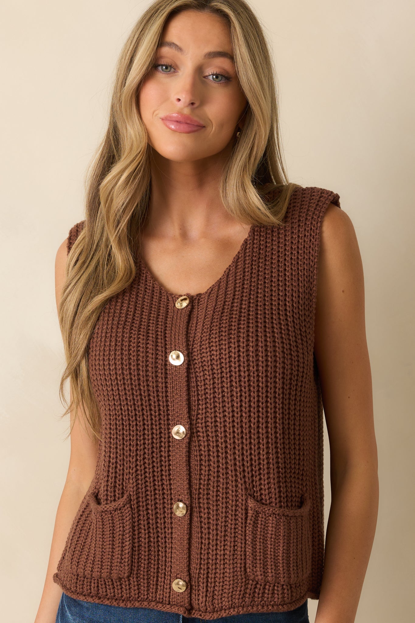 Without Hesitation Brown Knit Button Front Sweater Vest