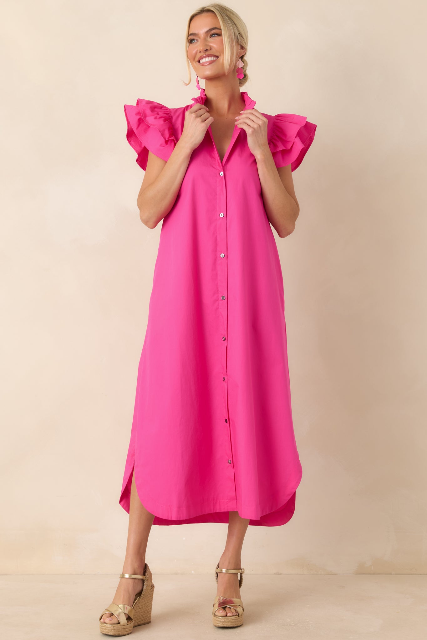 Exactly As Planned Fuchsia Cotton Ruffle Button-Front Midi Dress