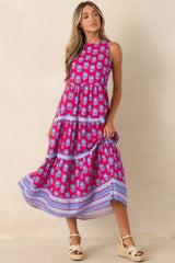 Love Finds a Way Magenta & Blue Printed Cotton Midi Dress