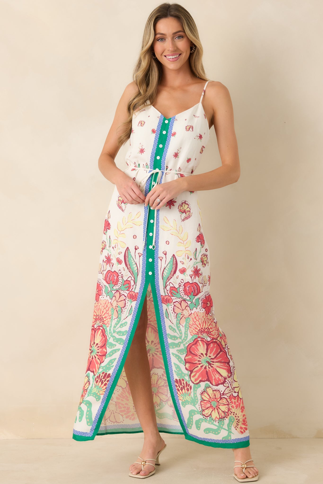 Floral Fantasy Green & Coral Pink Floral Maxi Dress