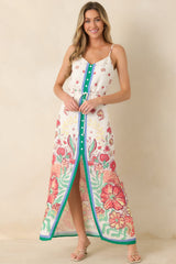 Floral Fantasy Green & Coral Pink Floral Maxi Dress