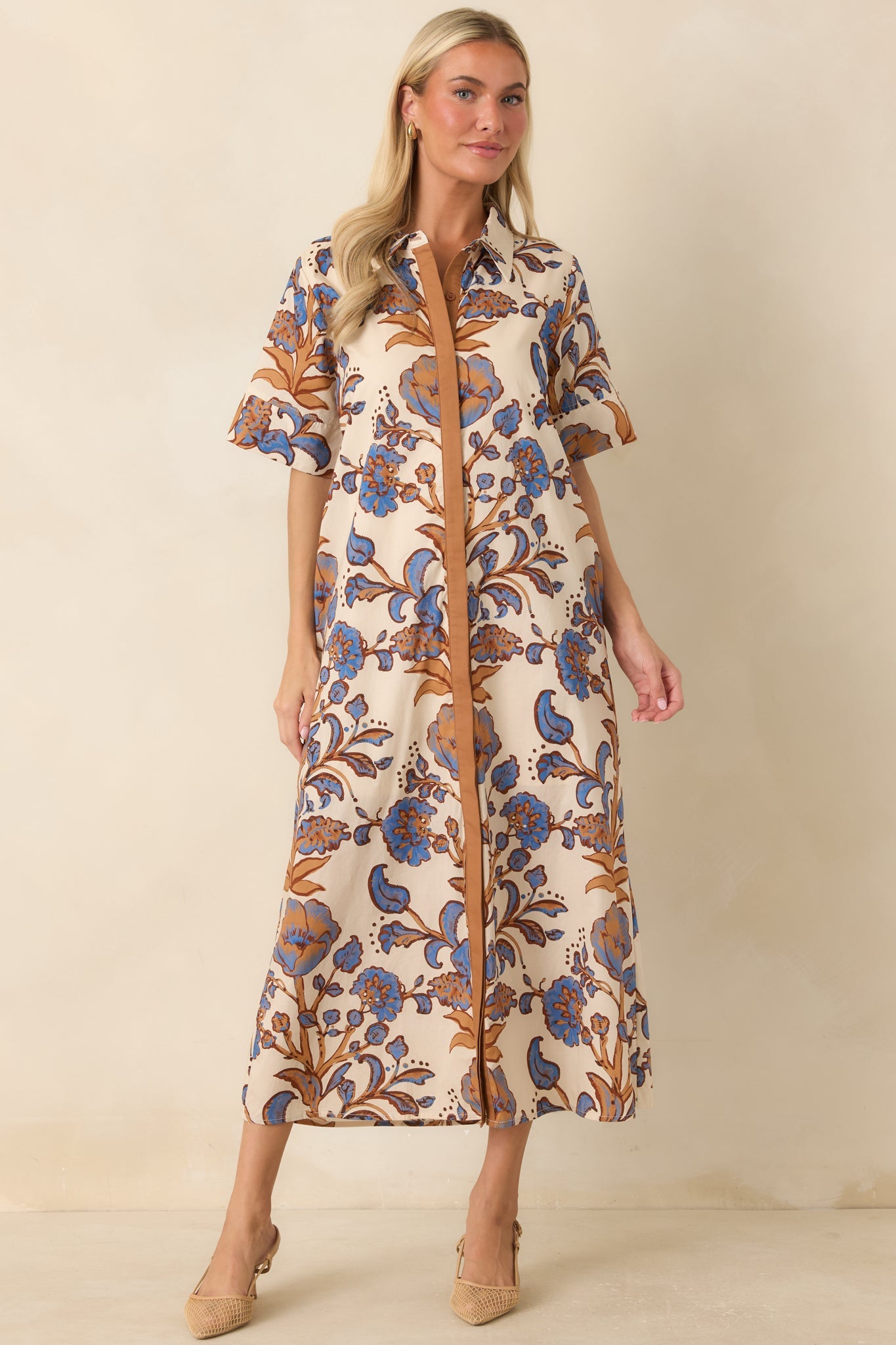 Collected Along the Way Tan & Blue Floral Midi Shirt Dress