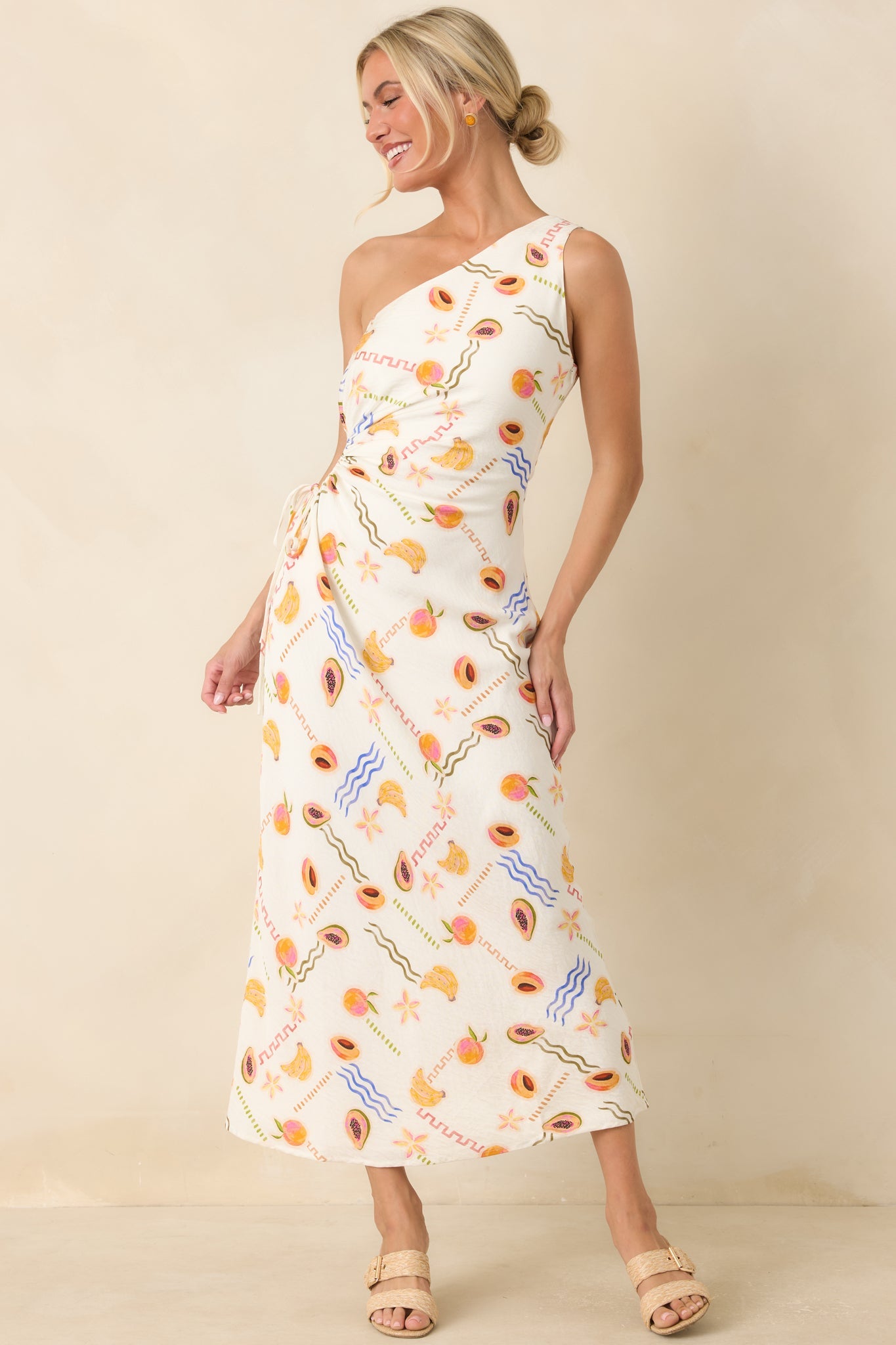 MINKPINK Carmen White Multi Fruit Print One Shoulder Maxi Dress
