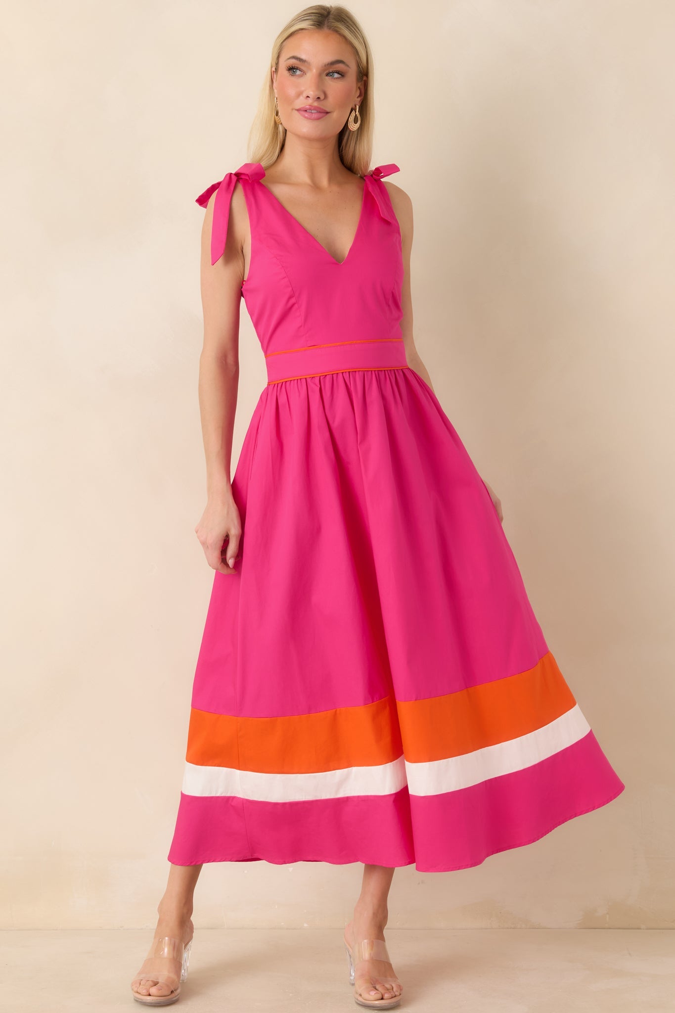 Just Getting Started Fuchsia Pink & Orange Cotton Tie Strap Midi Dress