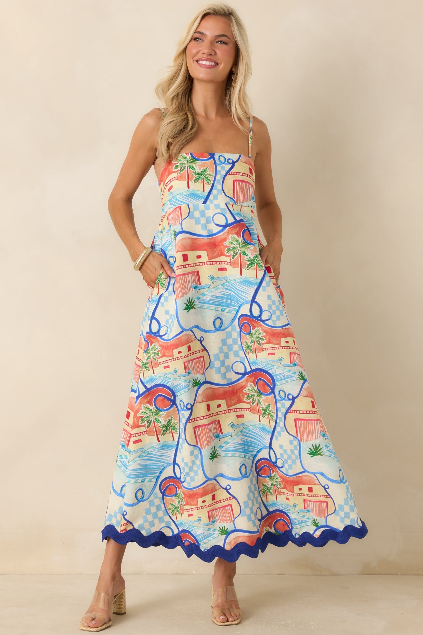 Passport to Paradise Coral Orange & Blue Poolside Print Maxi Dress