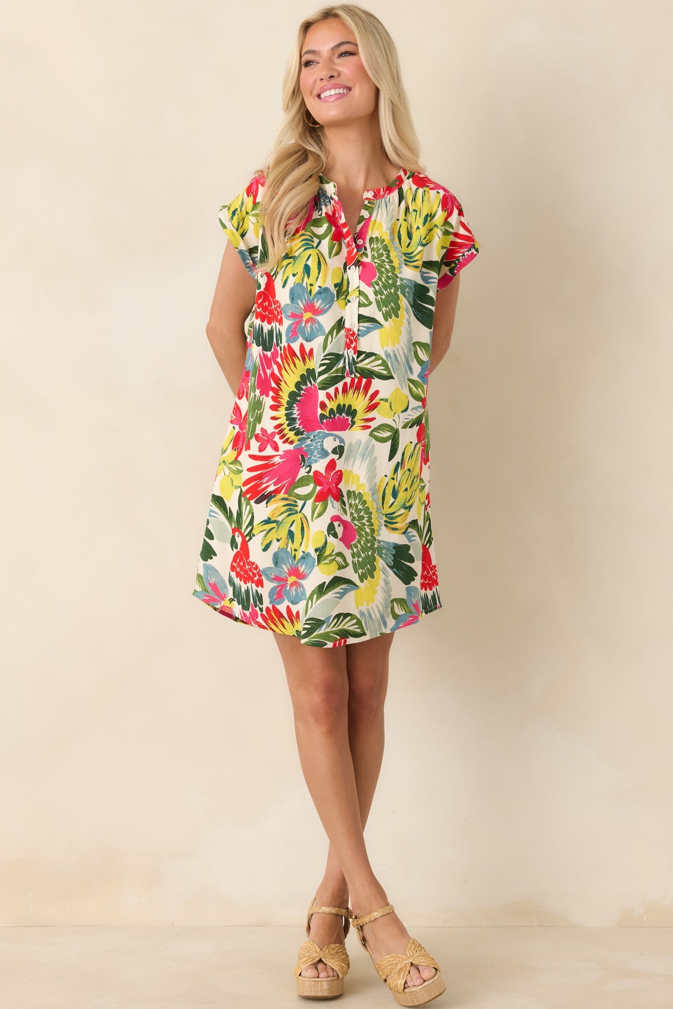 Tropic Like It's Hot Red Multi Parrot Print Shift Mini Dress