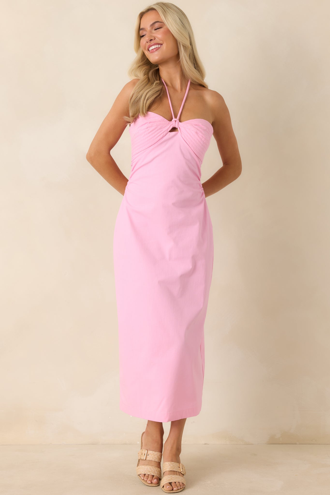 MINKPINK Gaia Pink Cotton Keyhole Detail Halter Midi Dress