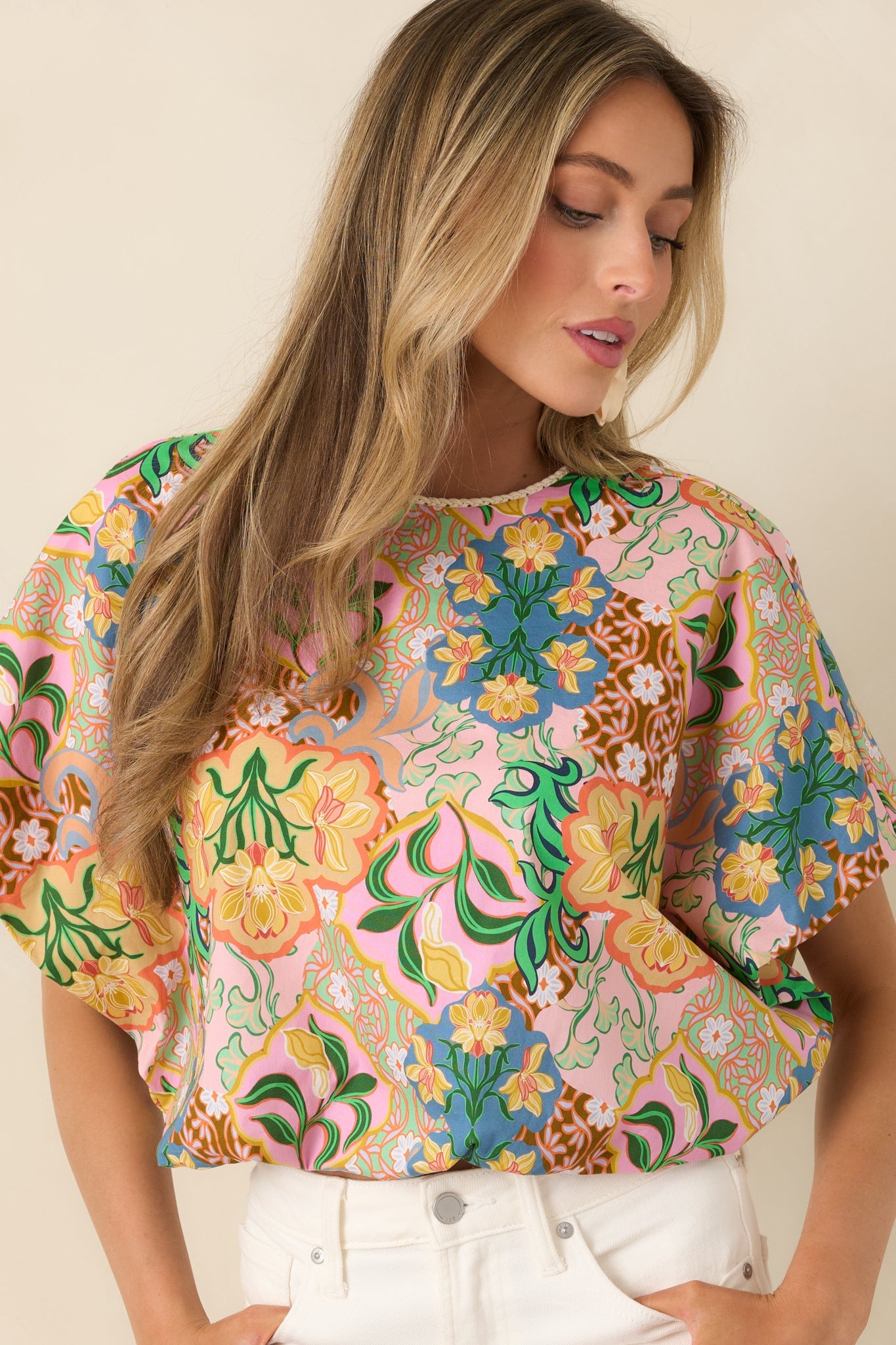 Find Me in Florence Pink Multi Floral Cotton Balloon Hem Top