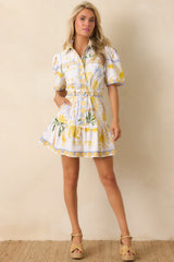Paradisa Viscaya White Multi Linen Blend Tropical Print Belted Mini Dress