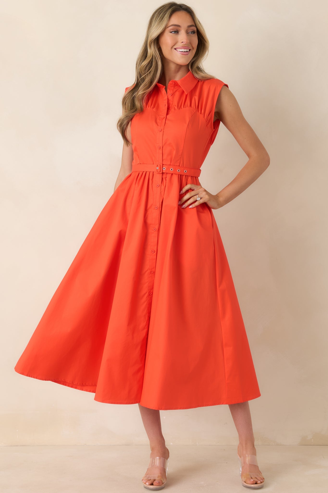 Hello Gorgeous Orange Cotton Belted Sleeveless Midi Dress