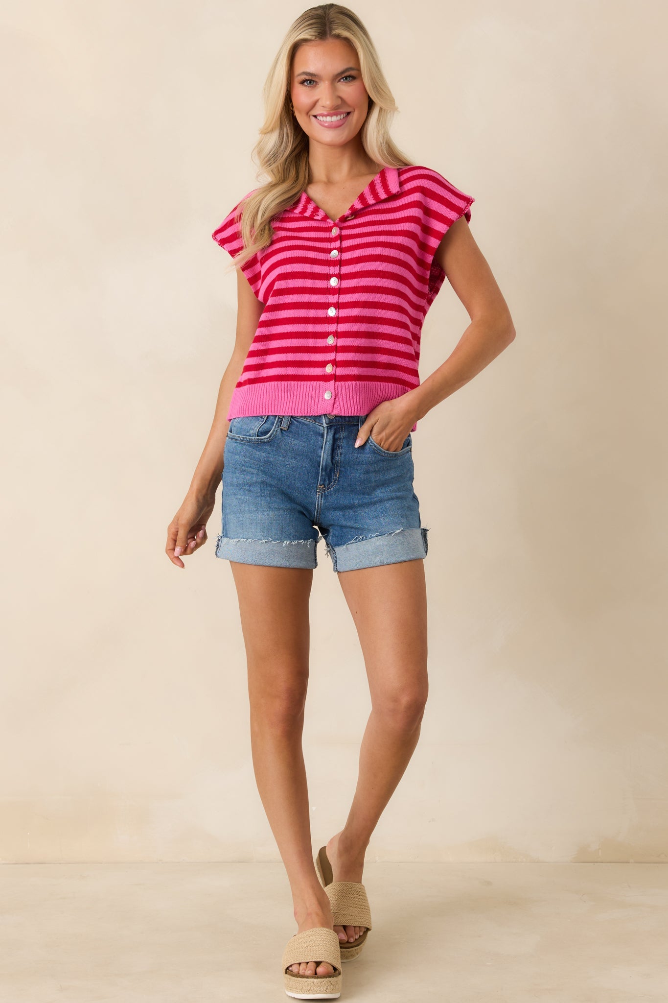 It All Lines Up Red & Pink Stripe Knit Cotton Button Front Top