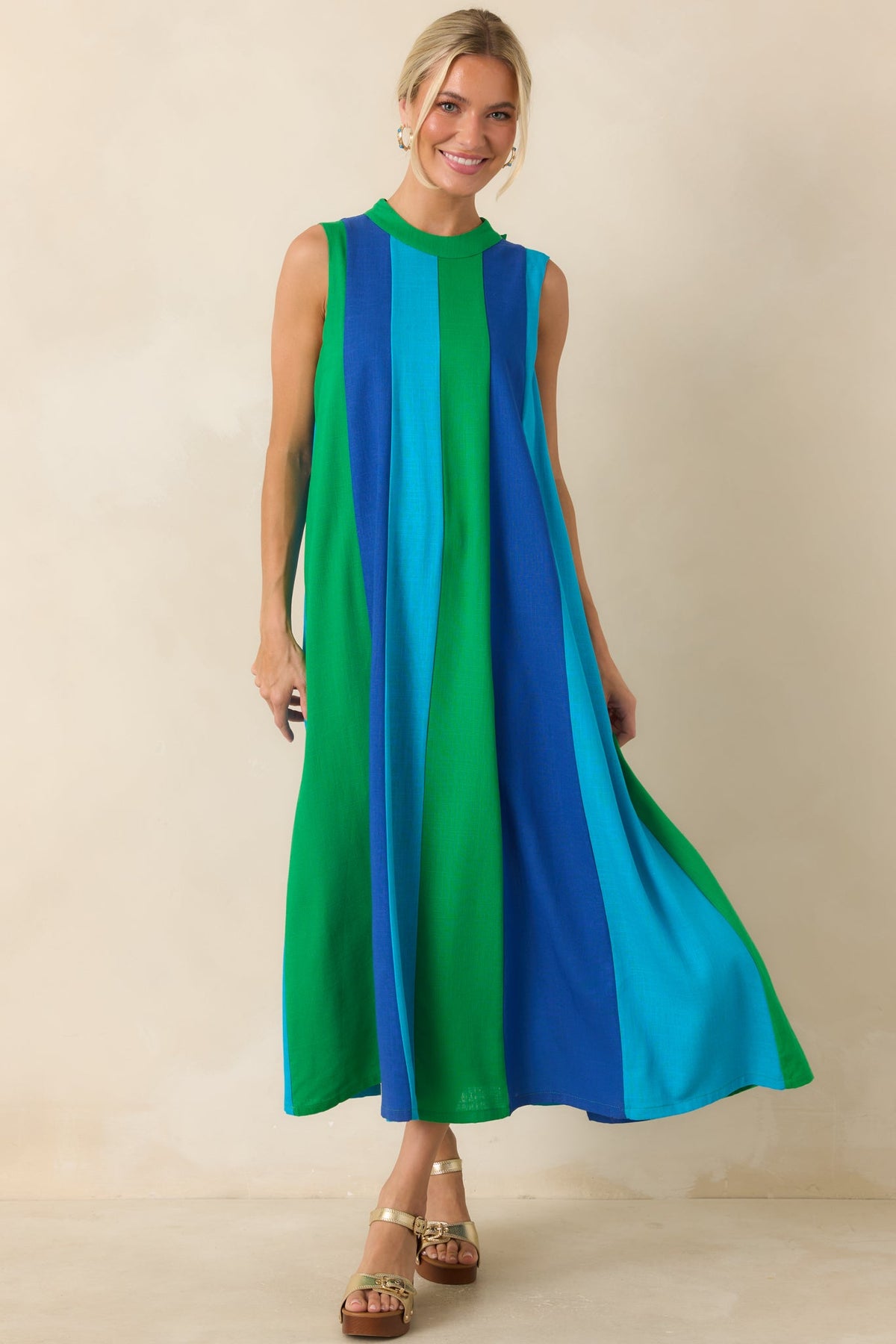 Sunset on Repeat Green & Blue Colorblock Sleeveless Midi Dress