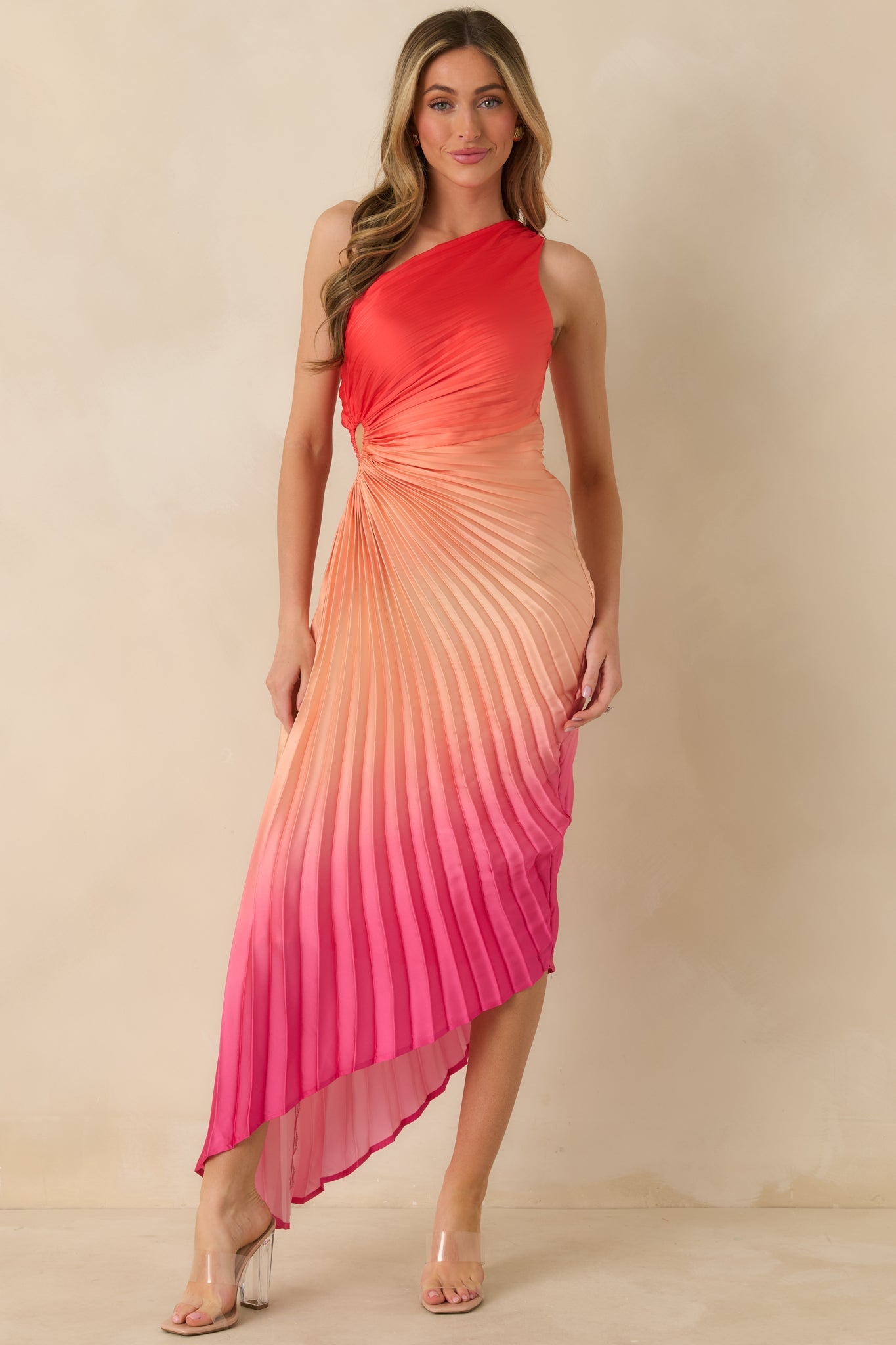 Poetic Charm Coral Pink Ombre Asymmetric One Shoulder Maxi Dress