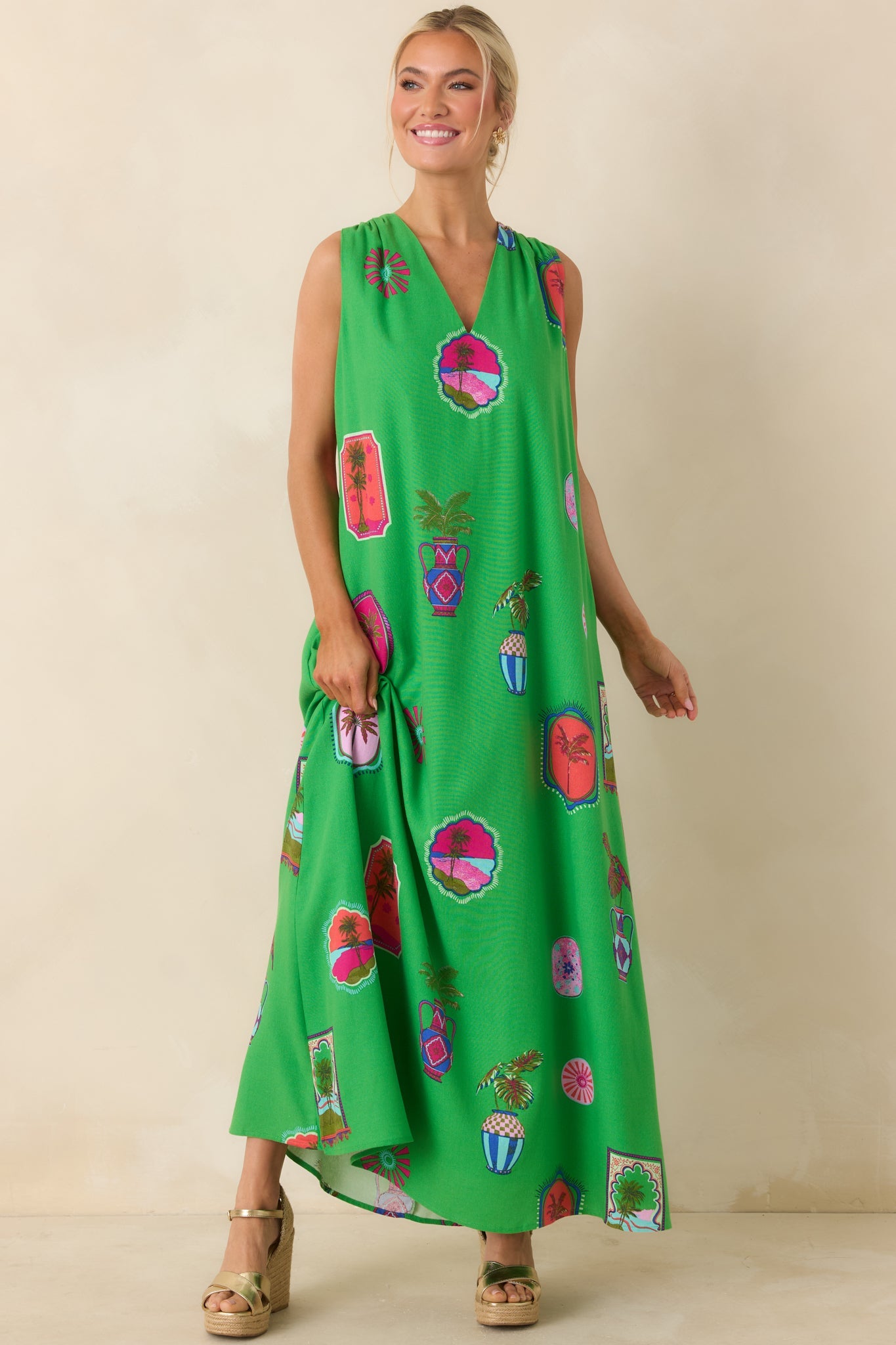 Send Me A Postcard Green Multi Tropical Print Maxi Dress