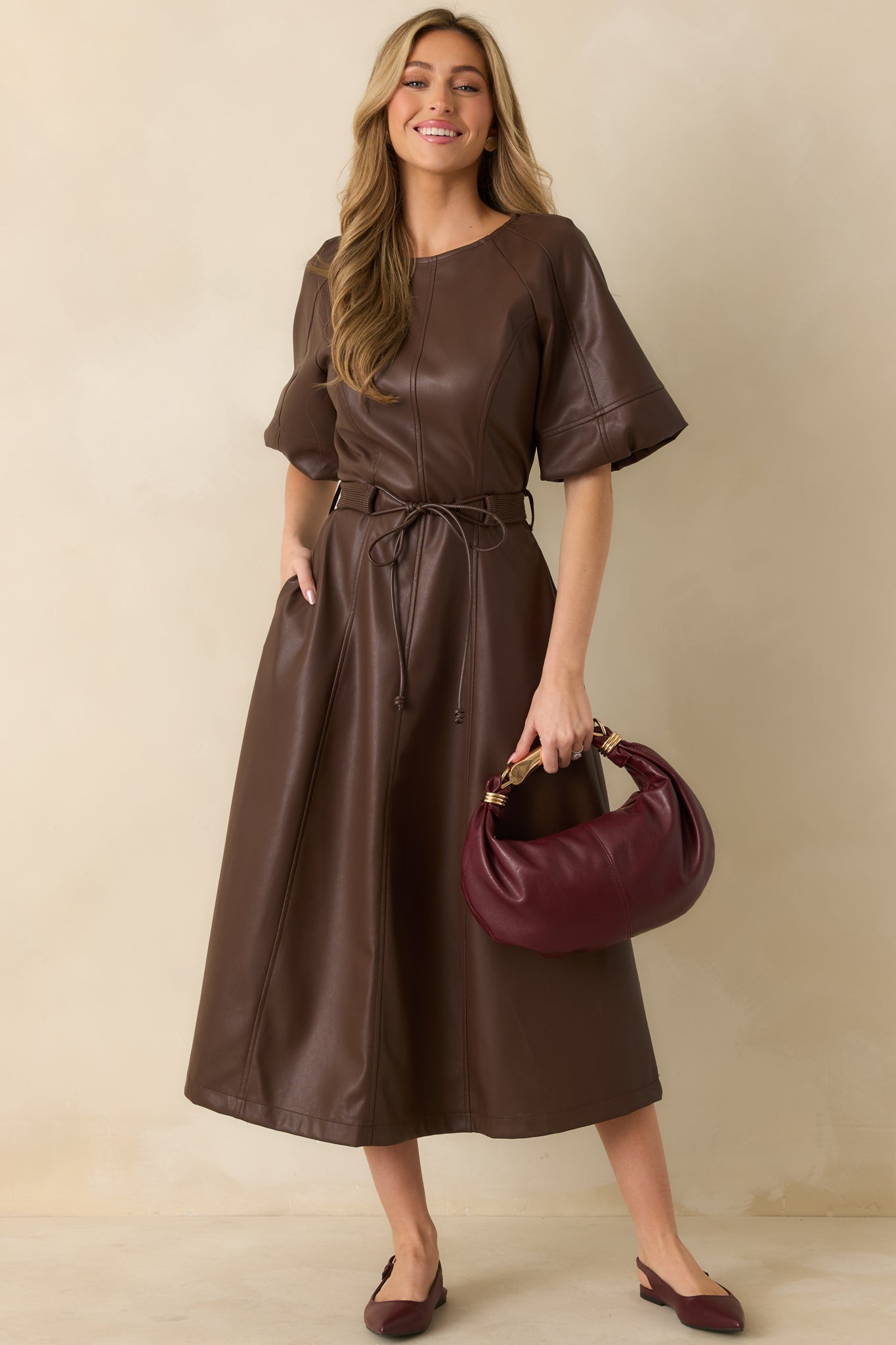 Something to Behold Brown Faux Leather Short Sleeve Belted Midi Dress