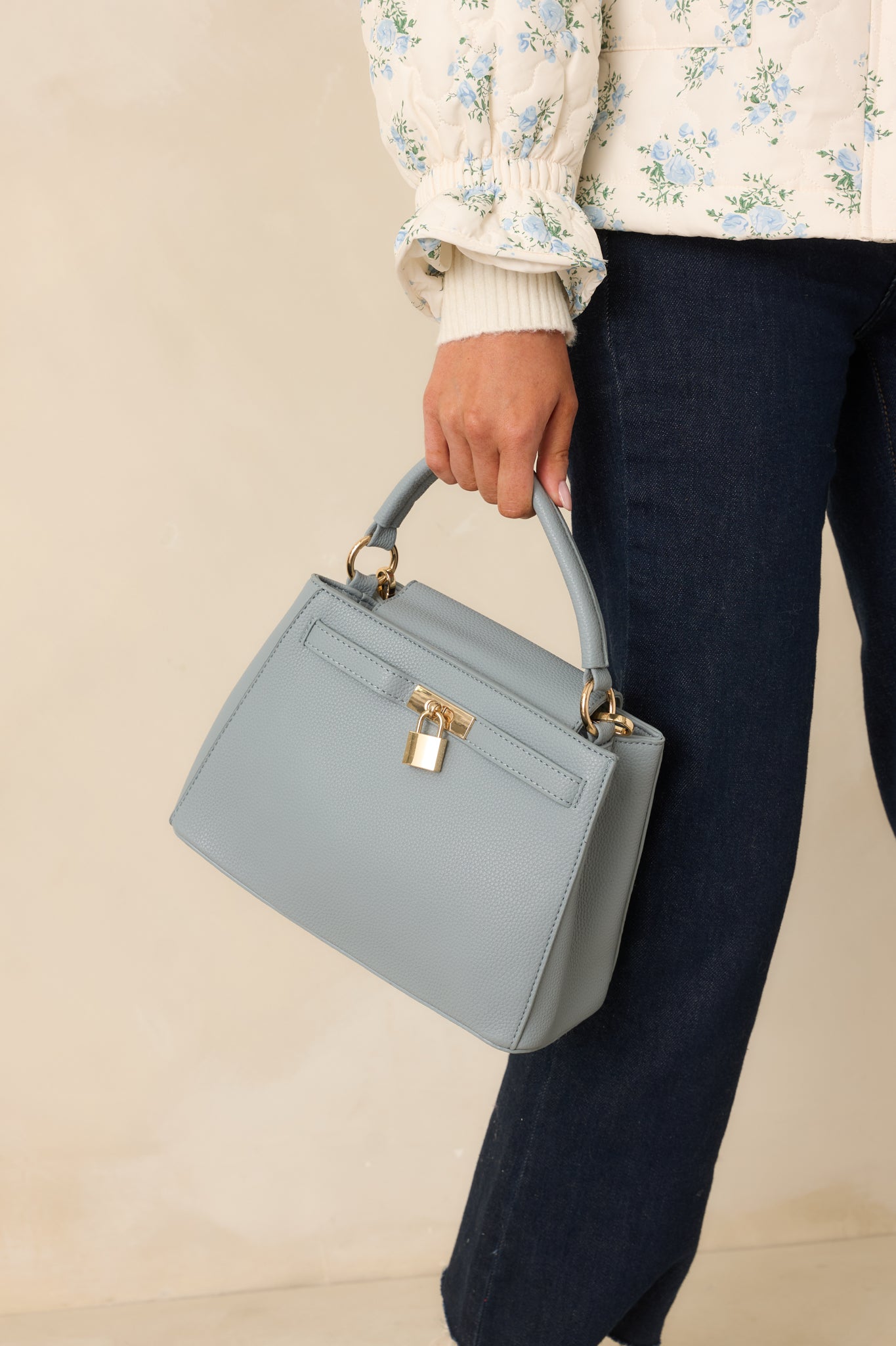 Lock It In Dusty Blue Faux Leather Lock Detail Handbag
