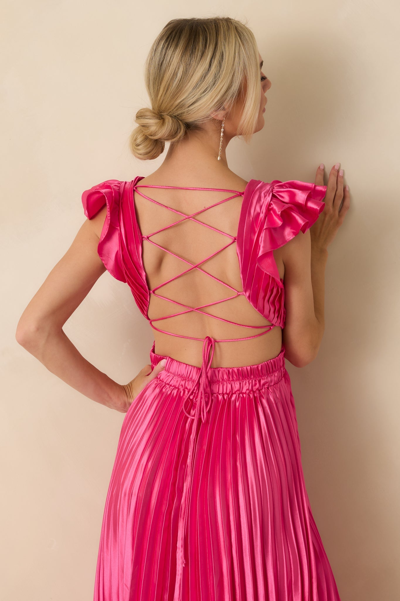 Let's Dance Hot Pink Pleated Satin Lace Back Maxi Dress