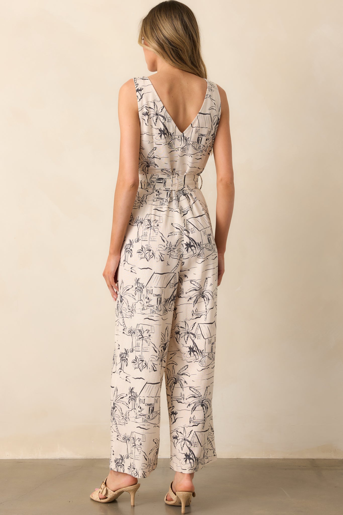 Living For This Ivory Tropical Print Linen Blend Sleeveless Jumpsuit