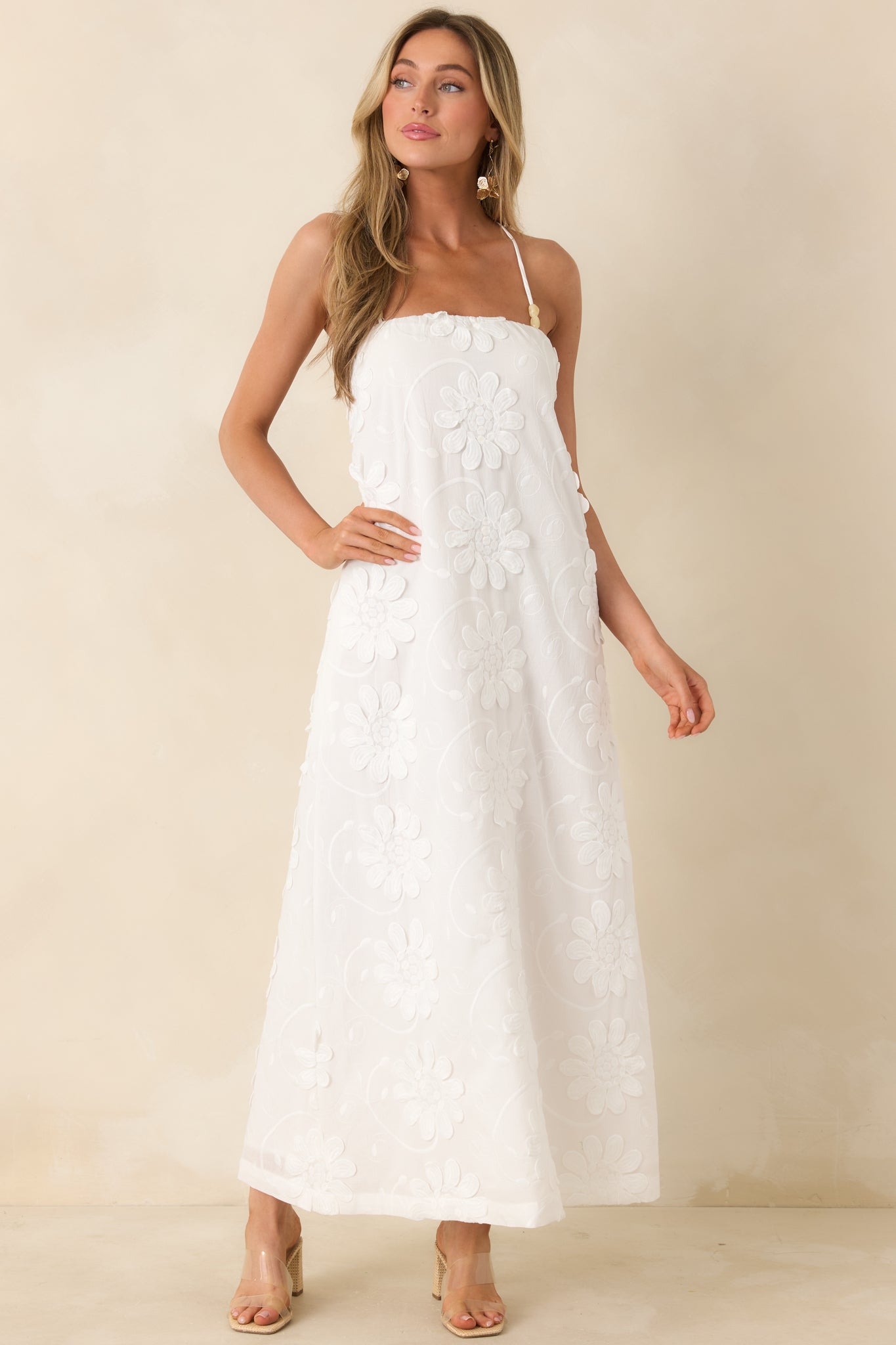 MINKPINK Alessia White Cotton Floral Applique Lace-Back Maxi Dress