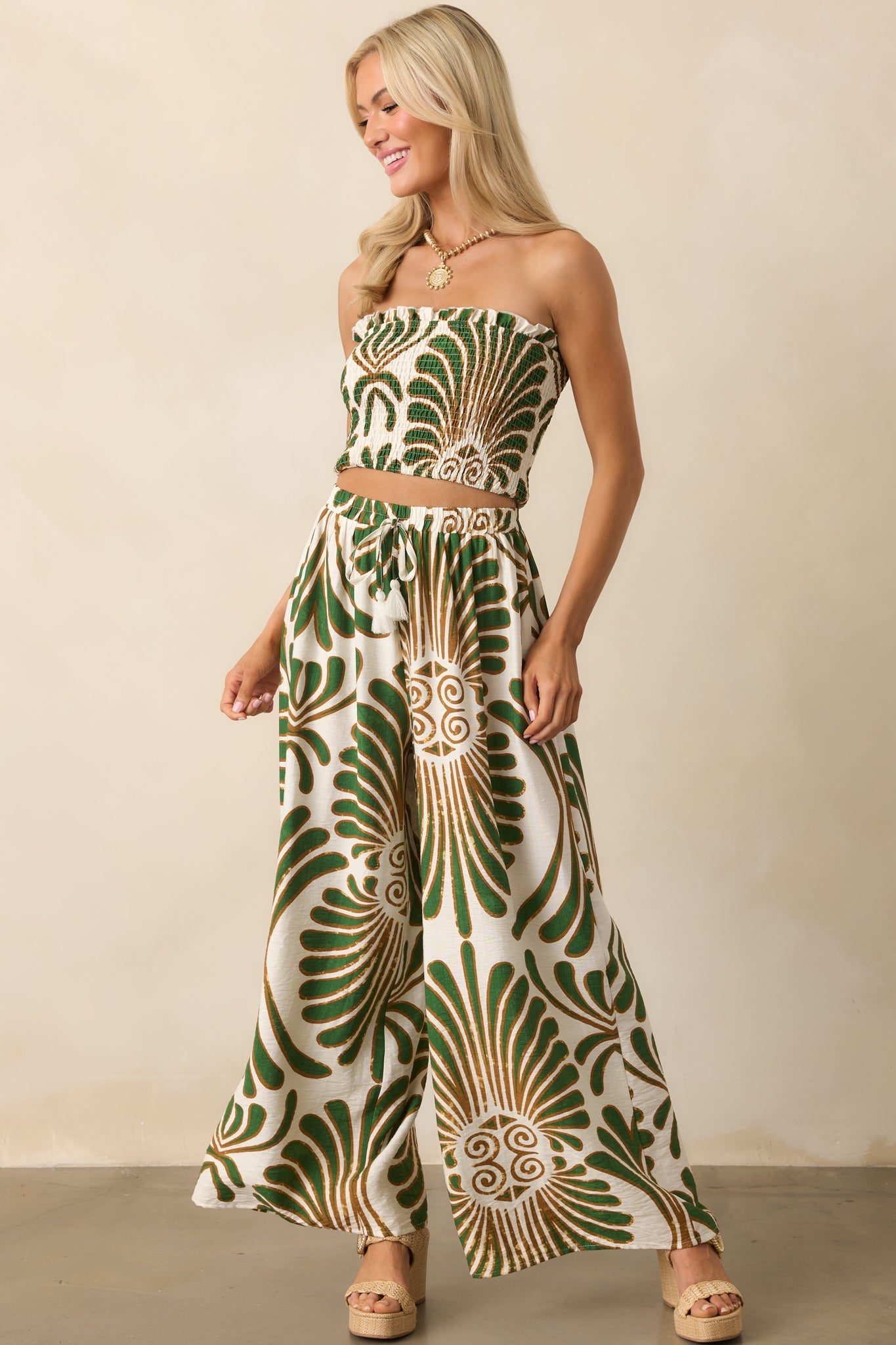 Endless Days Green Abstract Print Wide Leg Drawstring Pants