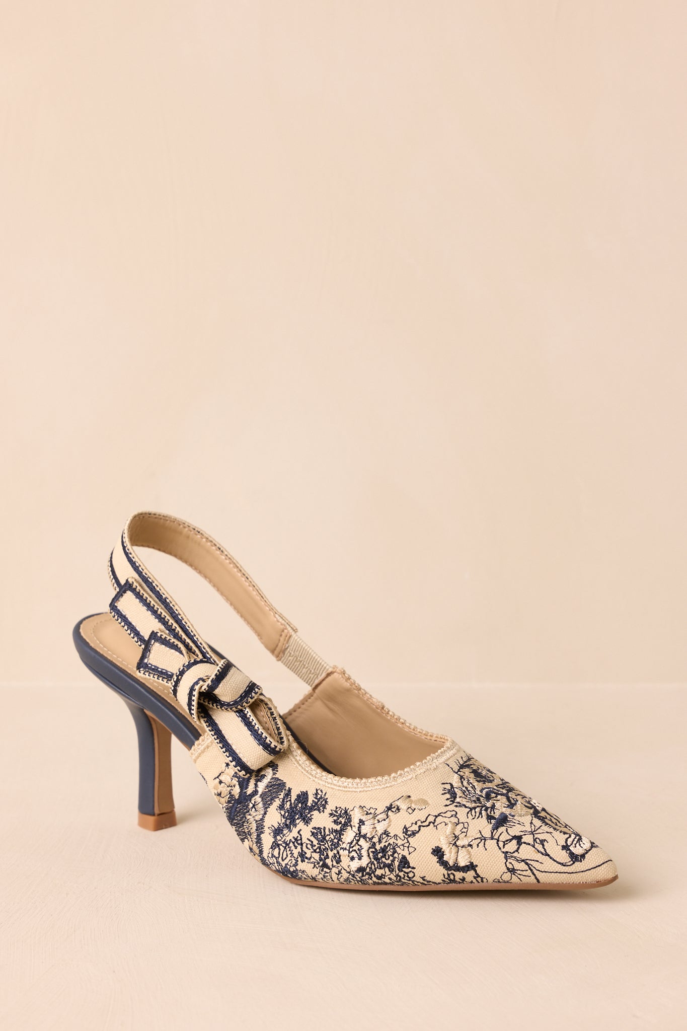 Written In Memories Vintage Navy Blue Multi Embroidered Fabric Slingback Heels