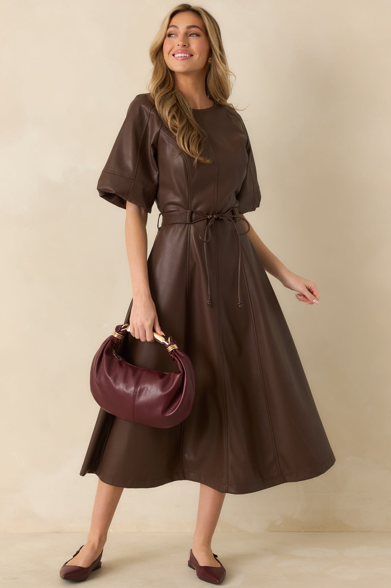 Something to Behold Brown Faux Leather Short Sleeve Belted Midi Dress