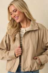 Smooth Finish Khaki Zip Up Bomber Jacket
