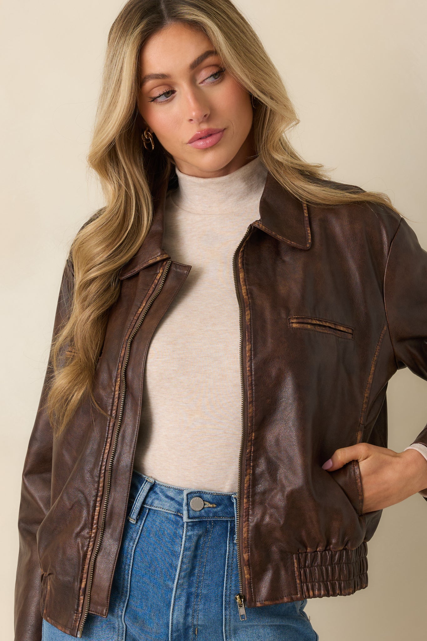 Rugged Reputation Brown Faux Distressed Leather Zip-Up Jacket