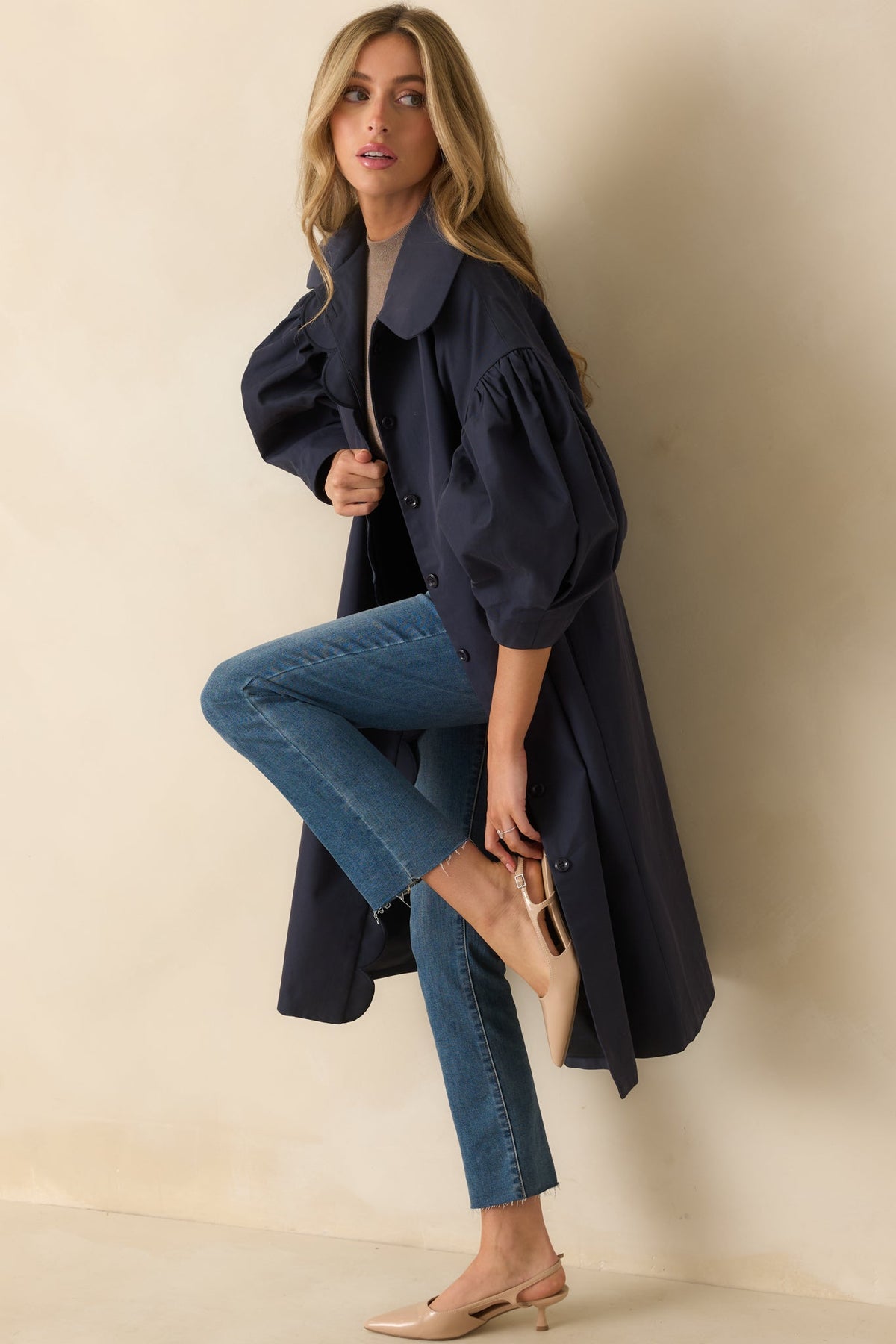 All In Good Fun Navy Scallop Trim Puff Sleeve Button Front Coat