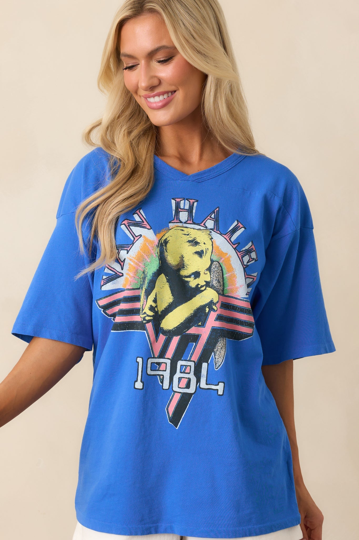 Van Halen Cobalt Blue Cotton 1984 Oversized Jersey Graphic Tee