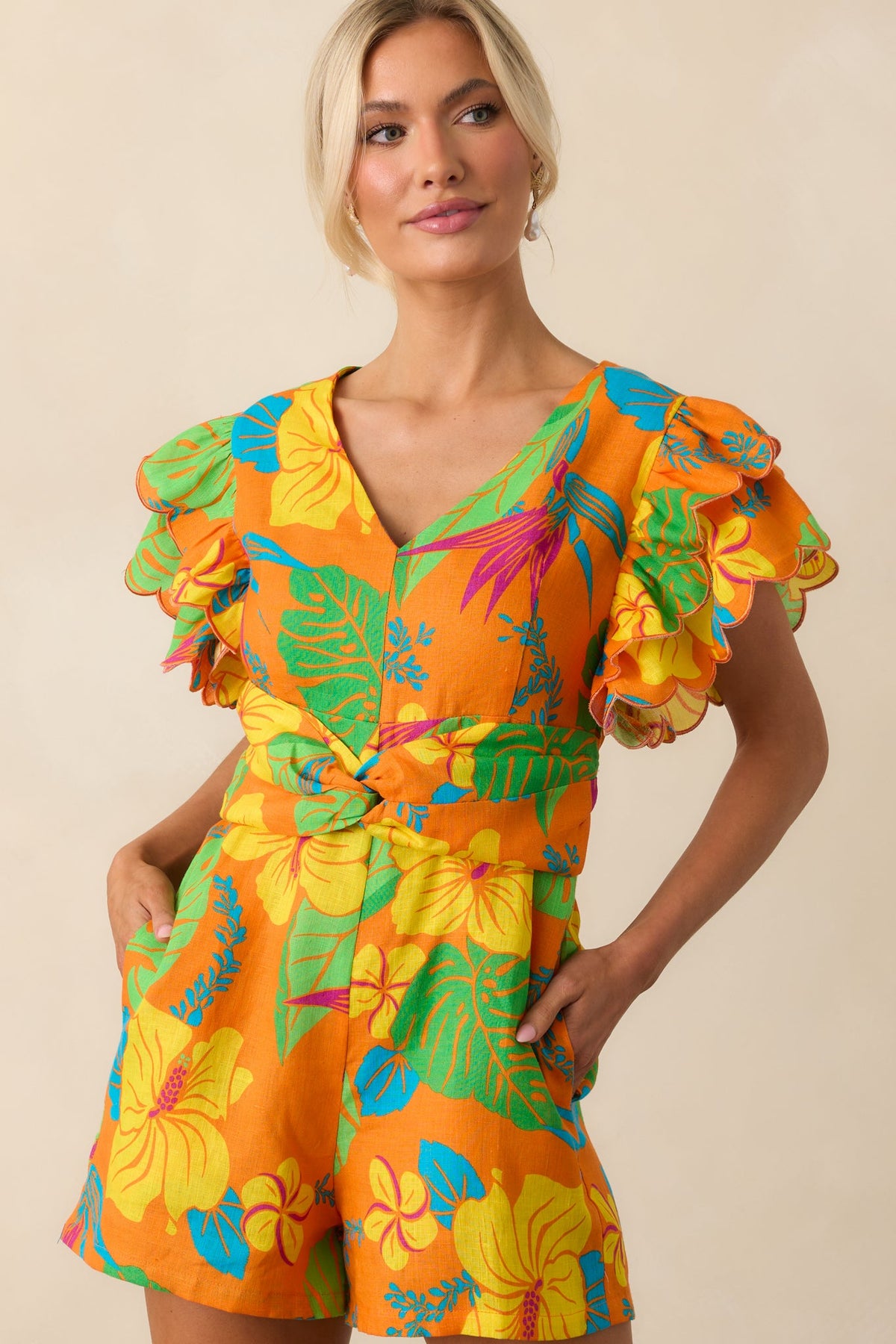 Palm Tree Shadows Orange Tropical Print Linen Romper