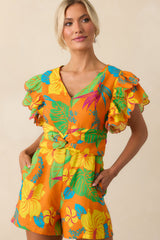 Palm Tree Shadows Orange Tropical Print Linen Romper