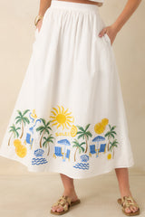 Paradisa Paradena White Multi Embroidered Cotton Blend Midi Skirt