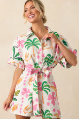 We Should Stay White Tropical Print Cotton Short Sleeve Romper