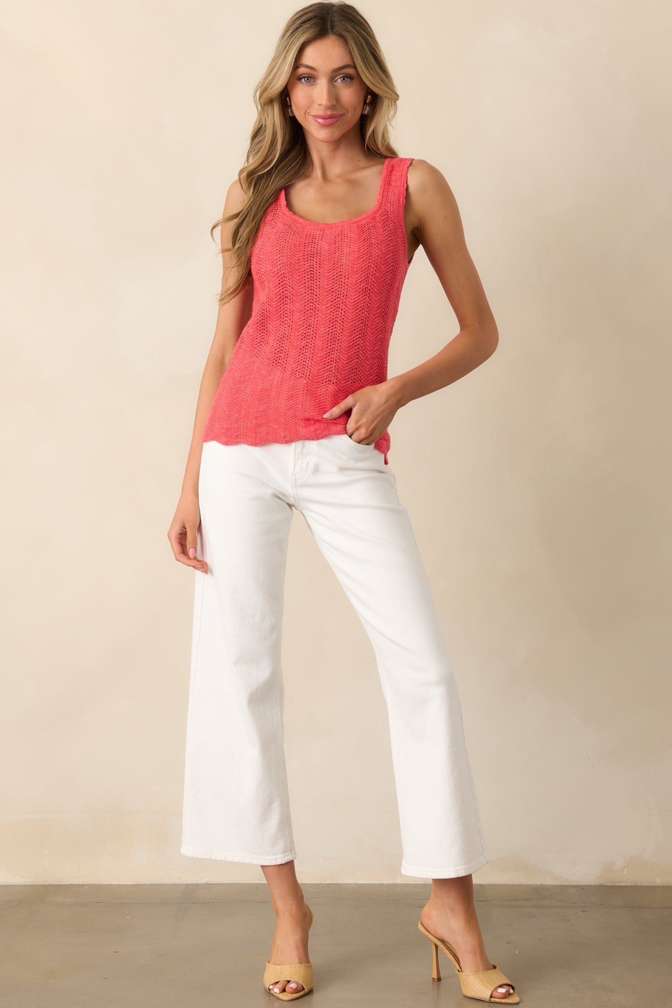 Take Your Time Pink Coral Scallop Hem Knit Tank Top