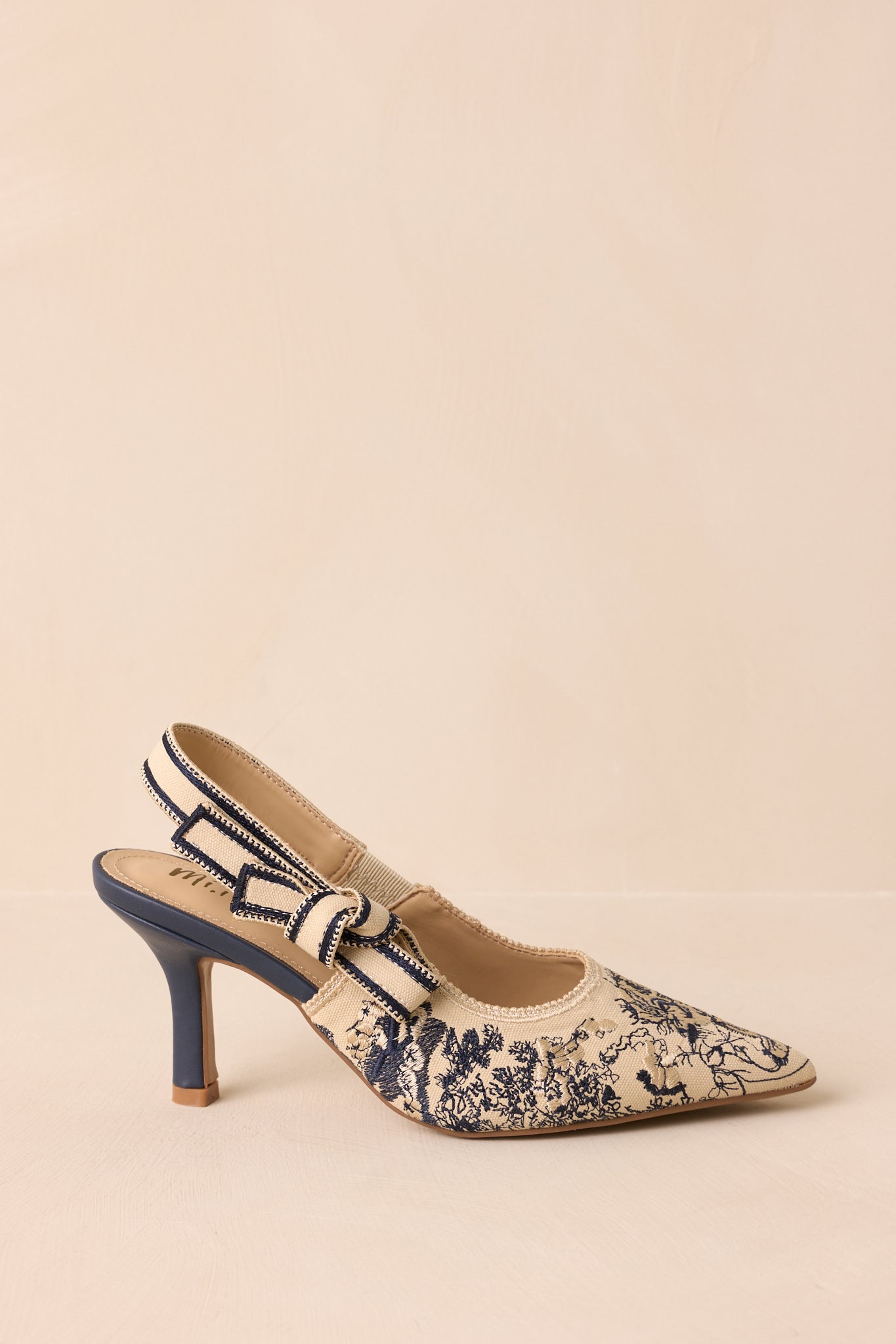Written In Memories Vintage Navy Blue Multi Embroidered Fabric Slingback Heels