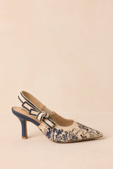Written In Memories Vintage Navy Blue Multi Embroidered Fabric Slingback Heels