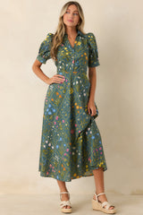 Hidden Garden Hunter Green Multi Floral Cotton Midi Dress