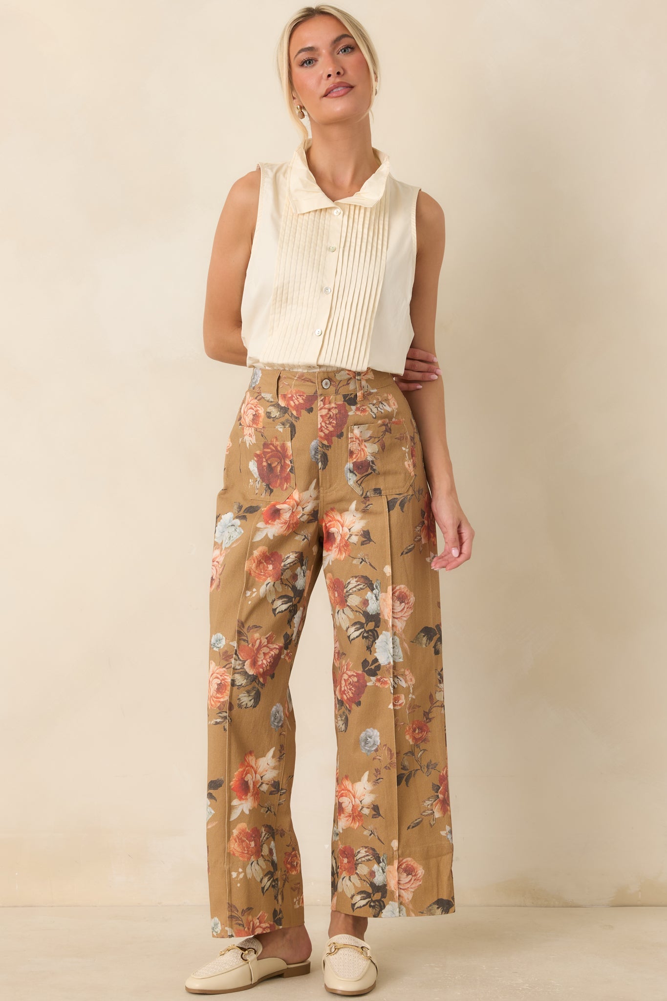 Gathering Roses Camel Floral Wide Leg Pants