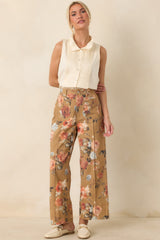 Gathering Roses Camel Floral Wide Leg Pants