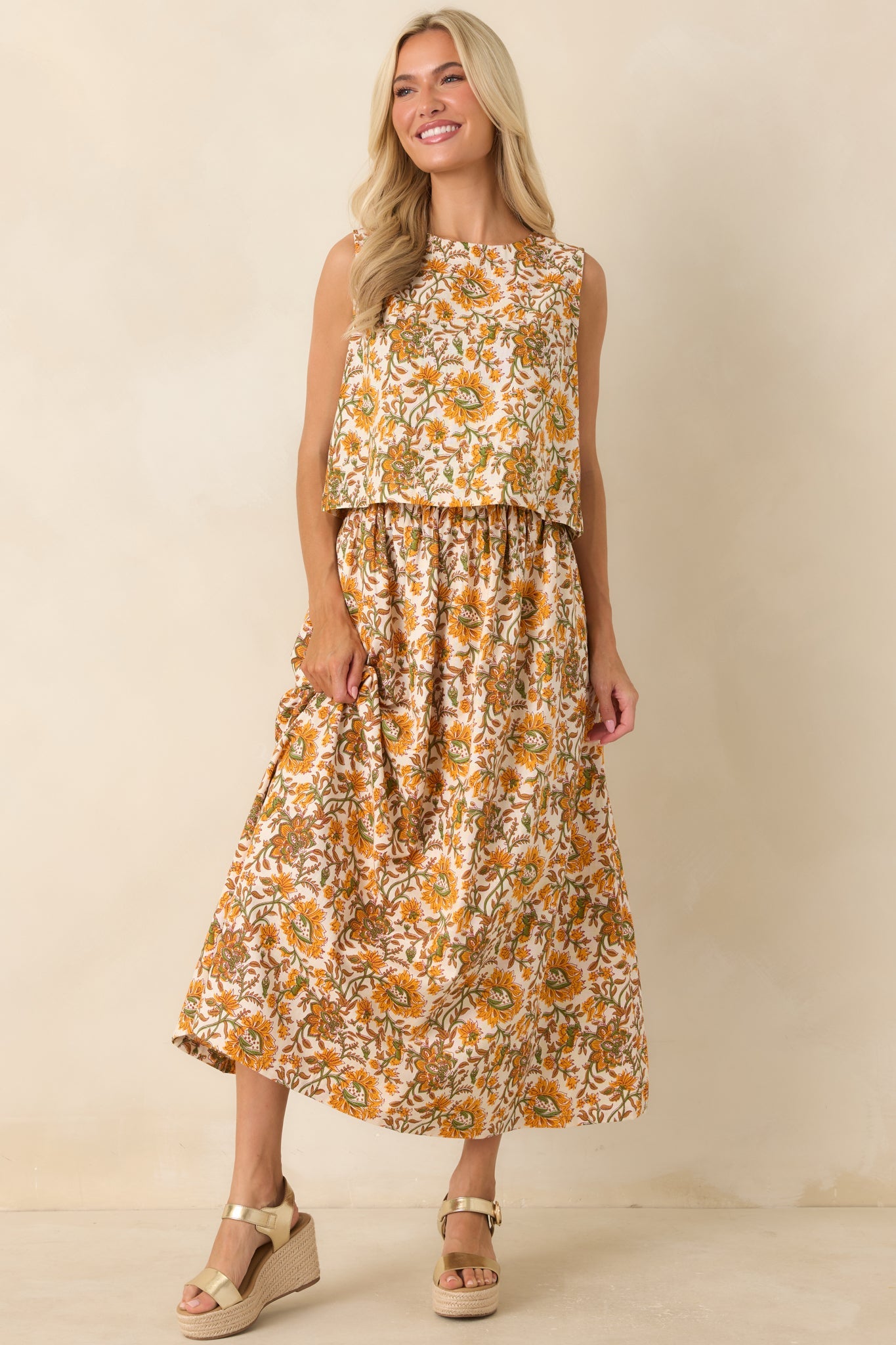 Easy to Love Marigold & Olive Green Floral Cotton Maxi Skirt
