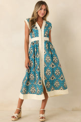 In the Studio Teal & Ivory Ikat Print Cotton Midi Dress