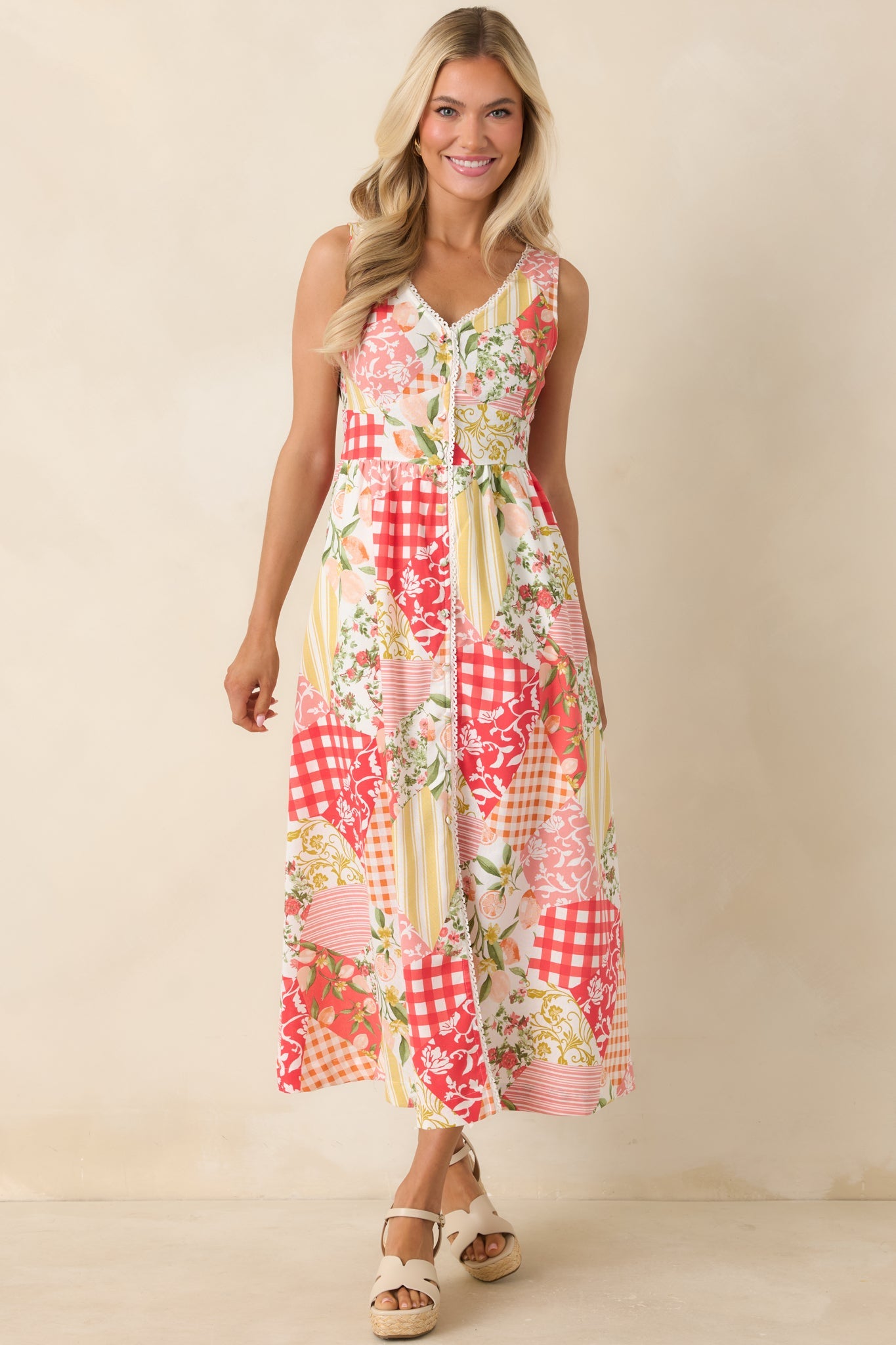 Sweet on Sunshine Red Multi Patchwork Print Midi Dress