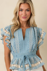 Soft Serenity Blue Flutter Sleeve Peplum Top