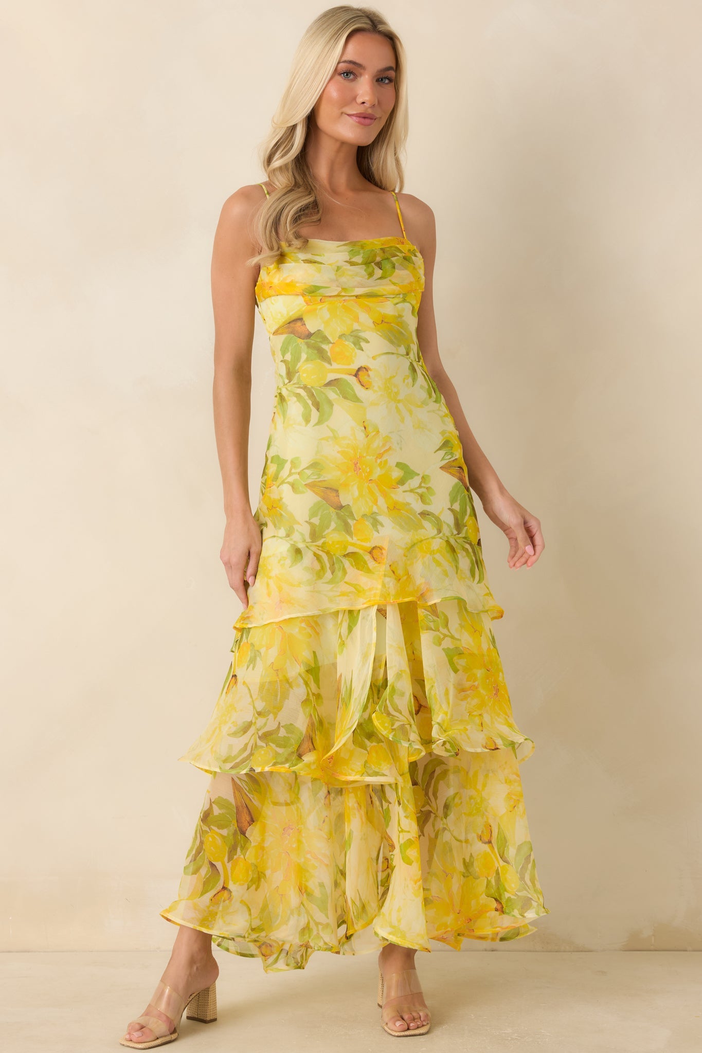ASTR The Label Alison Yellow Floral Tiered Drop-Waist Maxi Dress